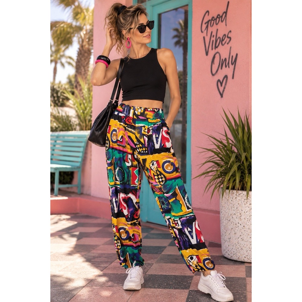 Gitano Vtg 80's Graffiti Art High Waist Joggers Colorful Pockets Sz Small
